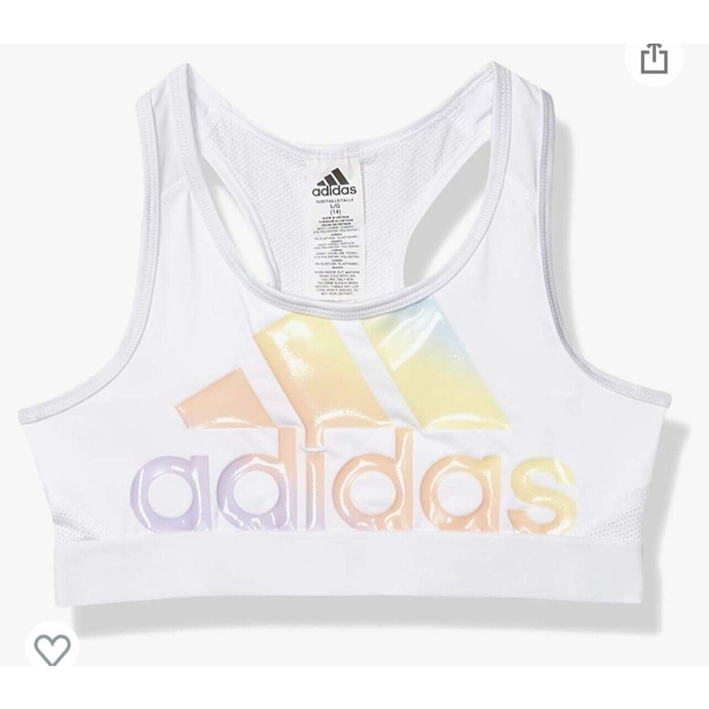 Adidas Girl’s White Pullover Comfort Iridescent Racerback Sport Bra Size Medium